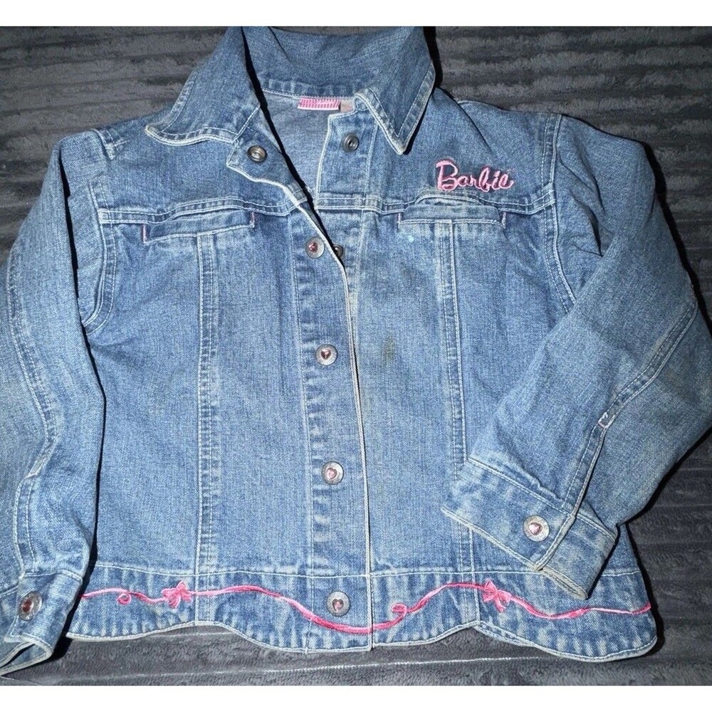 VINTAGE RARE BARBIE 90s Kids Girls Sz 6 denim embroidered Bling Jacket - Picture 2 of 10